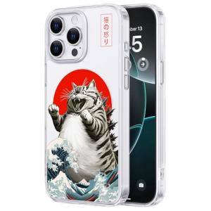 FEWGEY Clear Phone Case for iPhone 15 Pro Max Compatible with Magsafe, Funny Godzilla Cat Japanese Anime Catzilla Wave Design Shock Proof Heavy-Duty Protection for Men Women Boys Girls