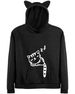 RGOSME Hoodies for Teen Girls, Cat Hoodie for Women Girl Sleeping Cat Printed Pullover Sweatshirt Tops (Black,M)