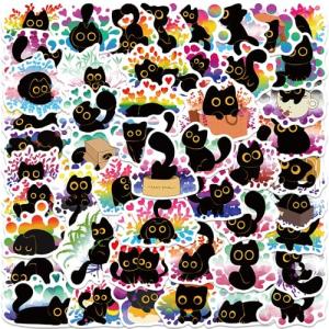 Funny Black Cat Meme Anime Stickers for Kids Teens Adults, 50PCS Cute Kitten Vinyl Waterproof Stickers Bulk for Water Bottle Laptop Scrapbook Journal Phone, Kawaii Animals Decals