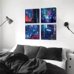Anime Wall Art Prints Neon Japanese Night Street Scene Canvas Art Posters Tokyo Japan City Pictures Paintings Boys Gamer Room Decor Cool Artwork Gift for Comic Fans Ready to Hang 16x16” 4 Piece