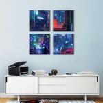Anime Wall Art Prints Neon Japanese Night Street Scene Canvas Art Posters Tokyo Japan City Pictures Paintings Boys Gamer Room Decor Cool Artwork Gift for Comic Fans Ready to Hang 16x16” 4 Piece