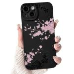 NITITOP Compatible with iPhone 15 Case Cute Aesthetic Cherry Blossom Pattern Design for Women Girls Soft TPU Shockproof Full Camera Protective Phone Cover - Black Pink