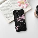 NITITOP Compatible with iPhone 15 Case Cute Aesthetic Cherry Blossom Pattern Design for Women Girls Soft TPU Shockproof Full Camera Protective Phone Cover - Black Pink