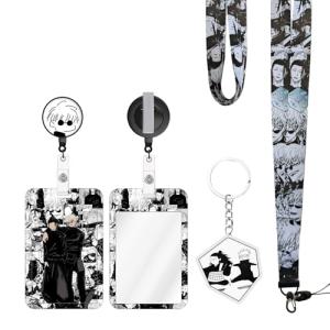 TJIUSI Anime Lanyard with Retractable Badge Reel and Funny Cartoon ID Badge Holder(with Anime Keychain) 4PCS Set Swivel Clip Alligator Badge Reel for Nurses Student Teacher Women Men