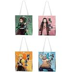 Rejolly Demon Slayer Anime Canvas Tote Bag 4 Pack Reusable Grocery Shopping Handbag Japanese Animation Shoulder Bag (F)