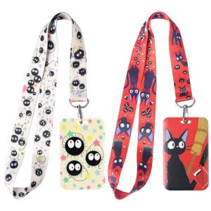 Pounchi Soot Sprite Lanyard (2 Pcs) with Cute ID Badge Holder, Anime Lanyards Card Protector for Keys Wallet Office School Teacher Student Nurse Teens
