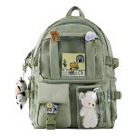 AoMoon Kawaii Backpack Lovely Pastel Rucksack for Teen Girls Aesthetic Student Bookbags with Kawaii Pin and Cute Accessories (Green-C)