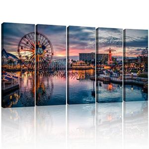 Vintage Amusement Park Wall Art for Living Room Cartoon Anime Castle Photo Canvas Prints Bedroom Wall Decor Nursery Room Ferris Wheel Scenic Panoramic Picture Poster Artwork Home Decoration 12x32” 5P