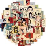 50Pcs Japanese Style Anime Girl Waterproof Stickers, Vintage Cartoon Kimono Design with Red Umbrella,for Laptop Water Bottle Phone Car Window Bike Stakeboard Journal Decoration Sticker (xiao)