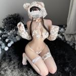 SENJIY sexy cat outfits for women lingerie cute anime Cosplay Costume Maid outfit Furry Babydoll Devil roleplay Bodysuit bikini Halter Hat Bra Top Dress tail suits set Halloween with Thong Gloves
