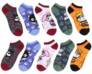 Bioworld Hello Kitty X Naruto Character Mash-Up Mix and Match Ankle No-Show Socks 5 Pair Pack