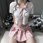 YOMORIO Anime-Inspired Sailor Style Outfit Japanese–Korean Themed Plaid Skirt Costumes for Women (Pink)