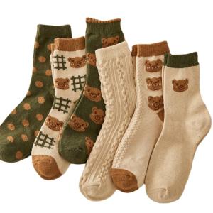 6 Pair Cute Cotton Ankle Socks - Kawaii Bear, Preppy Ruffle, Japanese Thick Fall Vintage Crew for Women (Onesize)