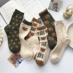 6 Pair Cute Cotton Ankle Socks - Kawaii Bear, Preppy Ruffle, Japanese Thick Fall Vintage Crew for Women (Onesize)