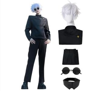 Moalioi Satoru Cosplay Anime Costume Outfit Uniform with Eye Mask Glasses Wig Full Set for Men (Satoru Wig, 2XL)