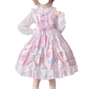 Cuteighteen Lolita Juniors Dresses Kawaii Bunny Print Japanese Style Princess Anime Cosplay Party Cute Teen Dress Costume (Pink, One Size)