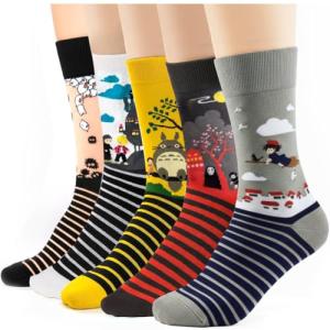 TAUMI 5 Pairs Stripe Colorful Patterned Medium High Top Cotton Crew Socks for Women, Kawaii Cartoon Howl, Kiki, ect