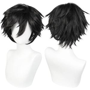 ANOGOL Hair Cap+ Short Black Wig for Men Short Black Men's Wigs for Cosplay Black Anime Cosplay Wig Layered Black Party Wigs with Bangs for Halloween Costume Christmas Peluca Negra Synthetic Hair