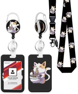 LOPIOIO ID Badge Holder with Retractable Badge Reel Clip, Detachable Lanyards for ID Badges, Vertical ID Card Holder for Women, Men, Nurses, Doctors, Teachers, Office Gifts - Anime Kawaii Cat