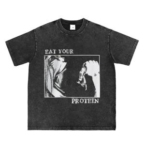 Retro AOT T-Shirt Eat Your Protein Shirt Japanese Anime Pattern Tee, 2XL Black