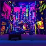 NYZE City Blacklight Tapestry, Japanese Anime Tapestry Punk Game Fantasy Night View Cityscape Futuristic Neon Art Wall Hanging Tapestries for Bedroom Decor 79x59in