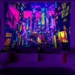 NYZE City Blacklight Tapestry, Japanese Anime Tapestry Punk Game Fantasy Night View Cityscape Futuristic Neon Art Wall Hanging Tapestries for Bedroom Decor 79x59in