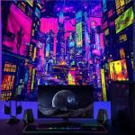 NYZE City Blacklight Tapestry, Japanese Anime Tapestry Punk Game Fantasy Night View Cityscape Futuristic Neon Art Wall Hanging Tapestries for Bedroom Decor 79x59in