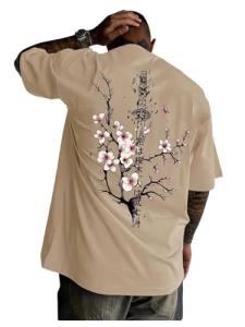 WDIRARA Men's Japanese Letter Graphic T-Shirt Crew Neck Short Sleeve Tee Tops Khaki Small