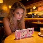 CLQLC Anime Cat Case for iPhone 17,Phone Holder Stand with Makeup Mirror, Kawaii Phone Cases, Cool Unique Protective Cover for Women