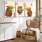 3Pcs Vintage Japanese Frog Wall Art Cute Funny Japan Samurai Frog Posters Prints Japanese Matsumoto Hoji Painting Pictures Eclectic Animal Canvas Wall Decor Framed (green, 12x16 Framed)