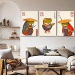 3Pcs Vintage Japanese Frog Wall Art Cute Funny Japan Samurai Frog Posters Prints Japanese Matsumoto Hoji Painting Pictures Eclectic Animal Canvas Wall Decor Framed (green, 12x16 Framed)