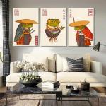 3Pcs Vintage Japanese Frog Wall Art Cute Funny Japan Samurai Frog Posters Prints Japanese Matsumoto Hoji Painting Pictures Eclectic Animal Canvas Wall Decor Framed (green, 12x16 Framed)