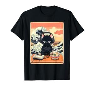 Retro Gamer Cat with Ramen Great Wave for Anime Fans T-Shirt