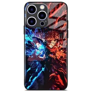 Akatxezy Anime Phone Case for iPhone 13, Manga Design Tempered Glass Back with Soft Silicone Bumper, Shockproof Glossy Cover Shell