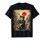 Samurai Cat Japanese Art Men Boys Funny Graphic Tee Anime T-Shirt