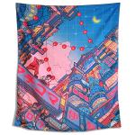 NAVNAWM Japanese Anime Cityscape Tapestry, Wall Hanging Art, Blue and Pink Night Scene, 51 x 59 inches, for Bedroom Dorm Living Room