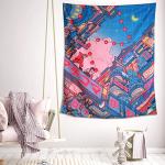 NAVNAWM Japanese Anime Cityscape Tapestry, Wall Hanging Art, Blue and Pink Night Scene, 51 x 59 inches, for Bedroom Dorm Living Room