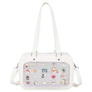 FINGERINSPIRE 9.4x13.5inch Ita Bag Crossbody with Large 6.4x11.3inch Clear Window White Pin Display Bag for Anime Convention Events Anime Shoulder Pins Storage PU Leather Display Bags