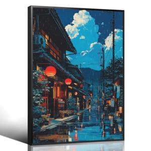 Japanese Canvas Wall Art, Cartoon Style Tokyo Tea House Anime Poster, Modern Ukiyo-e City Street Cafe Scene Painting, Asian Japandi True-to-life Fine Art Print for Bedroom 12x16in Framed