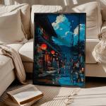 Japanese Canvas Wall Art, Cartoon Style Tokyo Tea House Anime Poster, Modern Ukiyo-e City Street Cafe Scene Painting, Asian Japandi True-to-life Fine Art Print for Bedroom 12x16in Framed