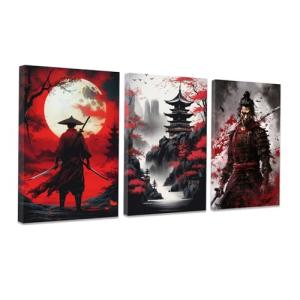 CCWACPP 3 Piece Samurai Wall Art Japan Painting Canvas Print Warrior Figure Pictures Bushido Posters Japanese Culture Theme Artwork Home Room Decor Framed (D, (11"x14"x3))