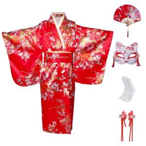 CRFASIBE Japanese Kimono Anime Cosplay Costumes for Kids Girls Robes Hand Held Fan Set Size 6-7(130CM) Red