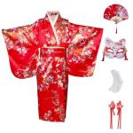 CRFASIBE Japanese Kimono Anime Cosplay Costumes for Kids Girls Robes Hand Held Fan Set Size 6-7(130CM) Red
