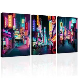 Anime Posters Japanese Wall Art Framed 3 Pieces Tokyo Neon Streets Night Japan City Wall Decor Poster for Living Room Bedroom Bathroom Japanese Room Decor Stretched Ready to Hang