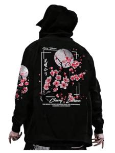 GORGLITTER Men's Graphic Hoodies Japanese Hoodie Top Oversized Long Sleeve Anime Pullovers Sweatshirts Black Floral Large