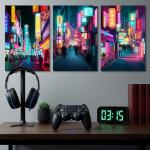 Anime Posters Japanese Wall Art Framed 3 Pieces Tokyo Neon Streets Night Japan City Wall Decor Poster for Living Room Bedroom Bathroom Japanese Room Decor Stretched Ready to Hang
