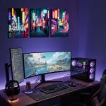 Anime Posters Japanese Wall Art Framed 3 Pieces Tokyo Neon Streets Night Japan City Wall Decor Poster for Living Room Bedroom Bathroom Japanese Room Decor Stretched Ready to Hang