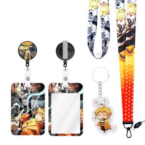 TJIUSI Anime Lanyard with Retractable Badge Reel and Cool Yellow ID Badge Holder(with Anime Style Keychain) 4PCS Set Swivel Clip Alligator Clip for Nurses Student Teacher Women Men