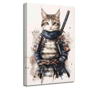 ANCROUTERY Japanese Wall Art Samurai Cat Canvas Prints Cat Warrior Pictures Japanese Anime Painting Japan Themed Poster for Living Room Bedroom Decor Framed (White, (18L x 12W))