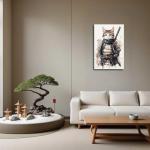 ANCROUTERY Japanese Wall Art Samurai Cat Canvas Prints Cat Warrior Pictures Japanese Anime Painting Japan Themed Poster for Living Room Bedroom Decor Framed (White, (18L x 12W))